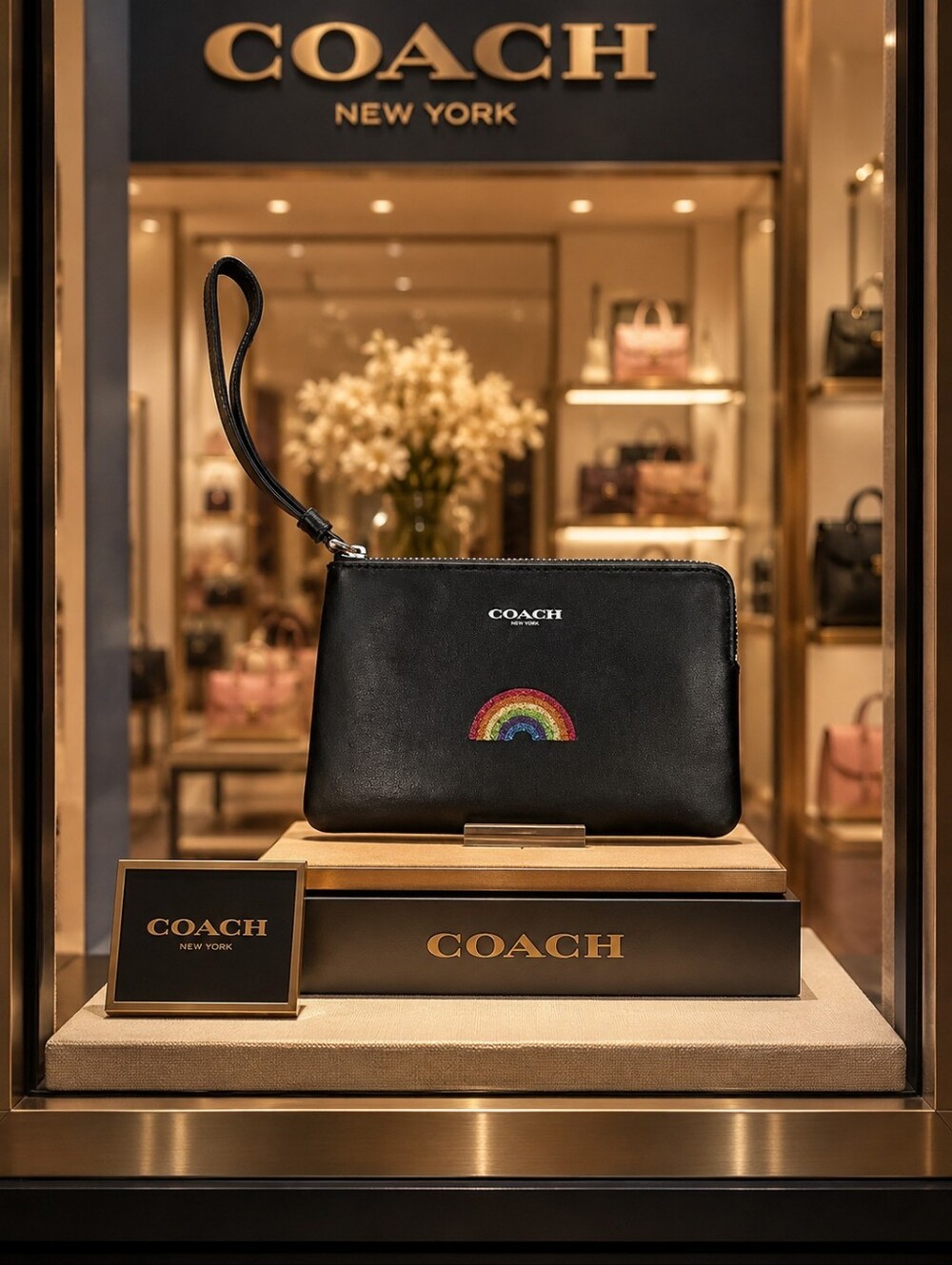 Coach Black Leather Wristlet with Rainbow Patch
